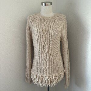 Banana Republic Cream Cable Knit Fringe Crewneck Sweater